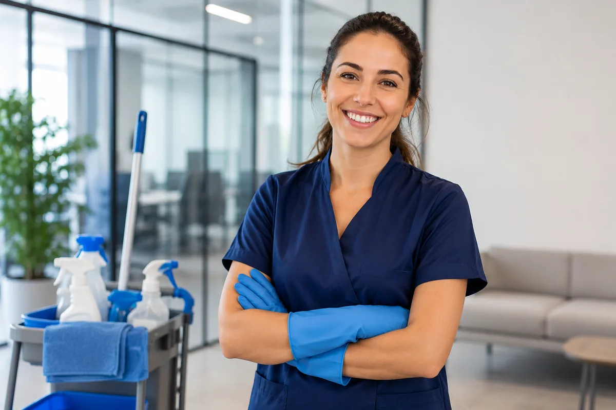 Profesional de limpieza preparada para un servicio